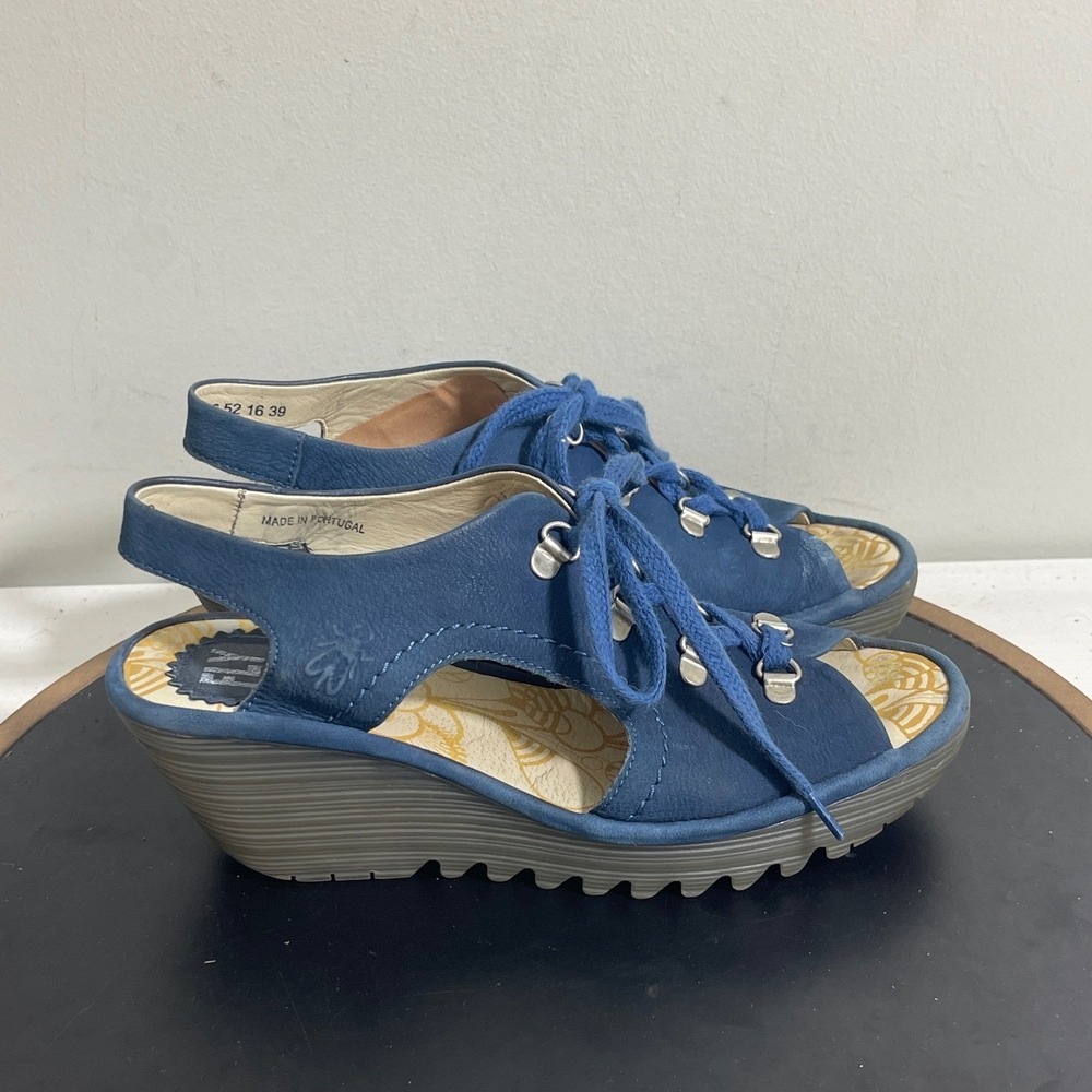 Fly London Slingback Wedge Sandals 8.5 / 39‎ Blue Suede Leather Lace Up Casual